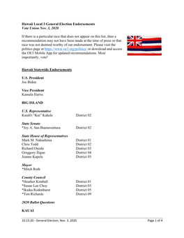 Hawaii 2020 General Election Endorsements