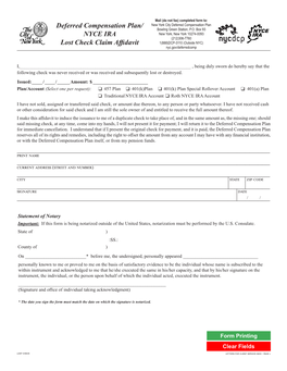 Deferred Compensation Plan/ NYCE IRA Lost Check Claim Affidavit