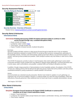Security Brief for Romania Prepared On: Jul 12, 2021 8:43:51 PM UTC