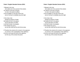 Psalm 1 English Standard Version (ESV) 1 Blessed Is the Man Who Walks Not in the Counsel of the Wicked, Nor Stands in the Way Of