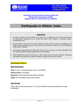 Earthquake in Sikkim, India