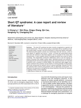 Short QT Syndrome: a Case Report and Review of Literatureଝ