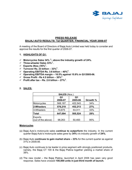 PRESS RELEASE BAJAJ AUTO RESULTS: 1St QUARTER; FINANCIAL YEAR 2006-07