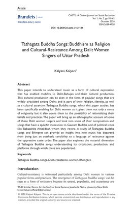 Tathagata Buddha Songs: Buddhism As Religion and Cultural-Resistance Among Dalit Women Singers of Uttar Pradesh