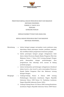 Peraturan Kepala Badan Pengawas Obat Dan Makanan Republik Indonesia Nomor 21 Tahun 2016 Tentang Kategori Pangan