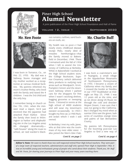 Piner High School Alumni Newsletter a Joint Publication of the Piner High School Foundation and Hall of Fame Volume 12, Issue 1 September 2020