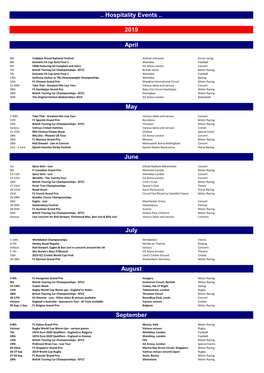 Hospitality Events .. April 2019 June May July August September