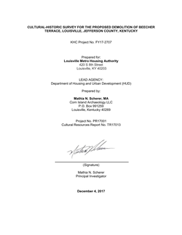 CULTURAL-HISTORIC SURVEY for the PROPOSED DEMOLITION of BEECHER TERRACE, LOUISVILLE, JEFFERSON COUNTY, KENTUCKY KHC Project