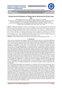 Seismic Hazard Estimation at Omkareshwar Hydroelectric Project Dam Site Rakesh Kumar Grover1, R