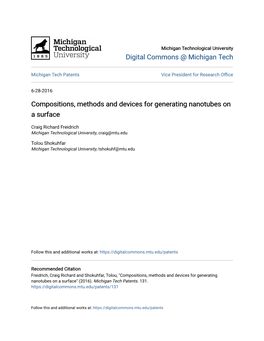 Compositions, Methods and Devices for Generating Nanotubes on a Surface