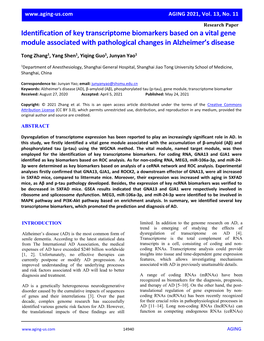 Identification of Key Transcriptome Biomarkers Based on a Vital Gene Module Associated with Pathological Changes in Alzheimer’S Disease