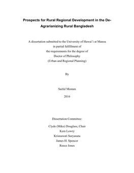 Prospects for Rural Regional Development in the De- Agrarianizing Rural Bangladesh