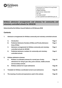 Kirklees Admission Policy 2019 – 2020