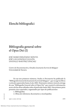 Elenchi Bibliografici Bibliografía General Sobre El Opus Dei