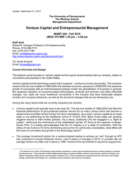 MGMT 264 VC and Entrepreneurial Management