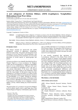 Metamorphosis Issn 1018–6490 (Print) Issn 2307–5031 (Online) Lepidopterists’ Society of Africa