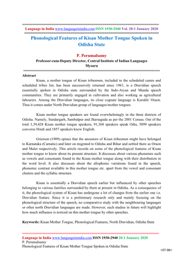 Phonological Features of Kisan Mother Tongue Spoken in Odisha State