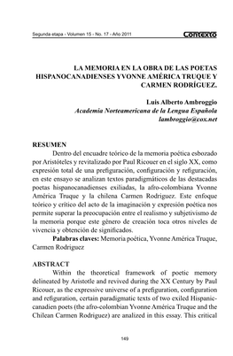 La Memoria En La Obra De Las Poetas Hispanocanadienses Yvonne América Truque Y Carmen Rodríguez