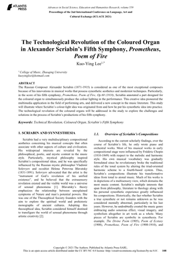 The Technological Revolution of the Coloured Organ in Alexander Scriabin's Fifth Symphony, Prometheus, Poem of Fire