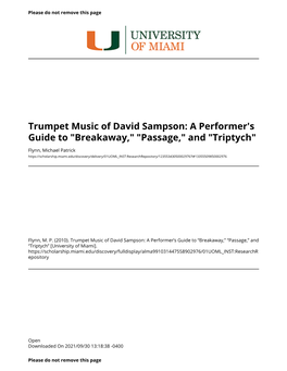 Trumpet Music of David Sampson: a Performer's Guide to "Breakaway," "Passage," and "Triptych"