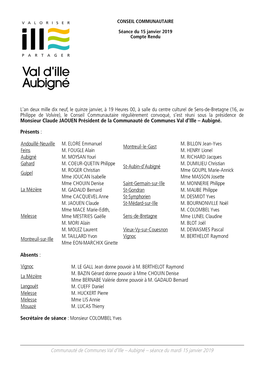 L'an Deux Mille Dix Neuf, Le Quinze Janvier, À 19 Heures 00, À Salle Du Centre Culturel De Sens-De-Bretagne (16, Av Philippe D