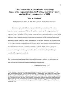 The Foundations of the Modern Presidency: Presidential Representation, the Unitary Executive Theory, and the Reorganization Act of 1939