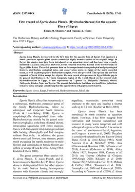 First Record of Egeria Densa Planch. (Hydrocharitaceae) for the Aquatic Flora of Egypt Eman M