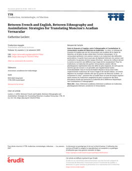Between French and English, Between Ethnography and Assimilation: Strategies for Translating Moncton's Acadian Vernacular