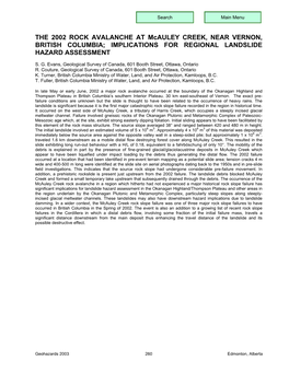 THE 2002 ROCK AVALANCHE at Mcauley CREEK, NEAR VERNON, BRITISH COLUMBIA; IMPLICATIONS for REGIONAL LANDSLIDE HAZARD ASSESSMENT