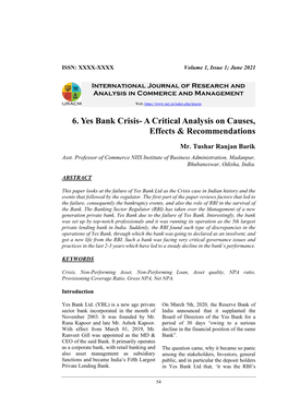 6. Yes Bank Crisis- a Critical Analysis on Causes, Effects & Recommendations