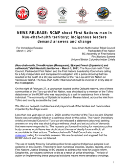 NEWS RELEASE: RCMP Shoot First Nations Man in Nuu-Chah-Nulth Territory; Indigenous Leaders Demand Answers and Change