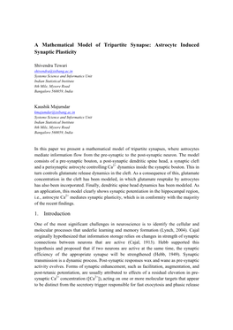 A Mathematical Model of Tripartite Synapse: Astrocyte Induced Synaptic Plasticity