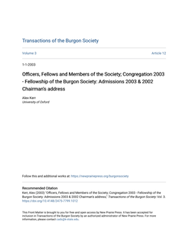 Fellowship of the Burgon Society: Admissions 2003 & 2002 Chairman's Address