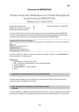 Procès-Verbal Des Délibérations Du Conseil Municipal De La Commune De BIEDERTHAL Séance Du 7 Mars 2019