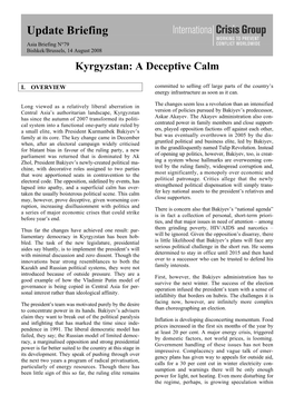 Update Briefing Asia Briefing N°79 Bishkek/Brussels, 14 August 2008 Kyrgyzstan: a Deceptive Calm