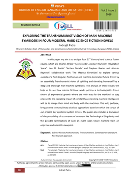 EXPLORING the TRANSHUMANIST VISION of MAN-MACHINE SYMBIOSIS in FOUR MODERN, HARD SCIENCE FICTION NOVELS Indrajit Patra (Research Scholar, Dept