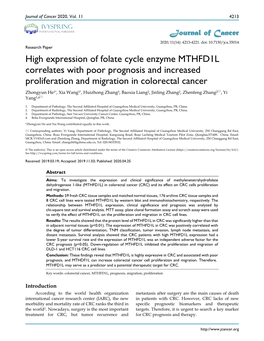 High Expression of Folate Cycle Enzyme MTHFD1L Correlates With