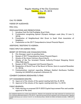 Regular Meeting of the City Commission Tuesday, May 29, 2018 6:30 P.M