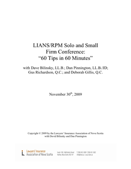 LIANS/RPM Solo and Small Firm Conference: “60 Tips in 60 Minutes” with Dave Bilinsky, LL.B.; Dan Pinnington, LL.B./JD; Gus Richardson, Q.C.; and Deborah Gillis, Q.C
