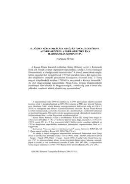 Ii. József Népszámlálása Abaúj És Torna Megyében I. a Forrásközlés, a Forráskritika És a Feldolgozás Szempontjai