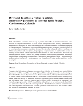 Diversidad De Anfibios Y Reptiles En Hábitats Altoandinos Y Paramunos De La Cuenca Del Río Fúquene, Cundinamarca, Colombia