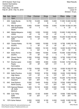 AA Hibar Pbars Vault Rings Pommel Floor Name Gym Num Rank 62.000