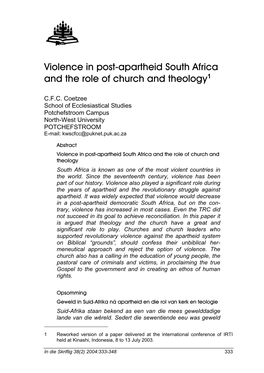 Violence in Post-Apartheid South Africa and the Role of Church and Theology1