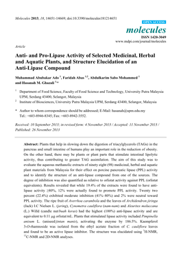 Anti- and Pro-Lipase Activity of Selected Medicinal, Herbal and Aquatic Plants, and Structure Elucidation of an Anti-Lipase Compound