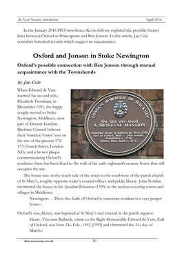 Oxford and Jonson in Stoke Newington