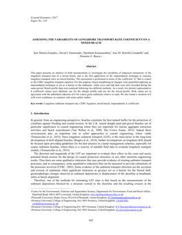 Coastal Dynamics 2017 Paper No. 243 642 ASSESSING the VARIABILITY of LONGSHORE TRANSPORT RATE COEFFICIENT on a MIXED BEACH Ines