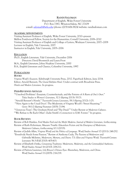 Department of English, Wake Forest University P.O. Box 7387, Winston-Salem, NC 27109 E-Mail: Salomarb@Wfu.Edu/Phone: (203) 606-3824/Website: Randisaloman.Com