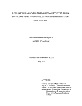 Examining the Shade/Flood Tolerance Tradeoff Hypothesis in Bottomland Herbs Through Field Study and Experimentation