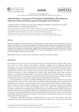 A New Genus of Neotropical Aeolothripidae (Thysanoptera), with Observations on the Type-Species from Mango Trees in Mexico