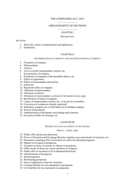 The Companies Act, 2013 Arrangement of Sections